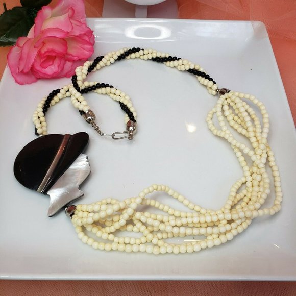 Mother of Pearl & Bone Bead Statement Necklace Black White Multi Strand Necklace - Picture 12 of 12